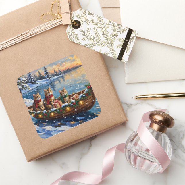 Siberian Cat Christmas Boat Holiday Quadratischer Aufkleber (Schenken)