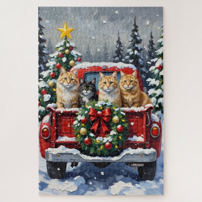 Siberian Cat Christmas Red Truck Holiday Puzzle (Vertikal)