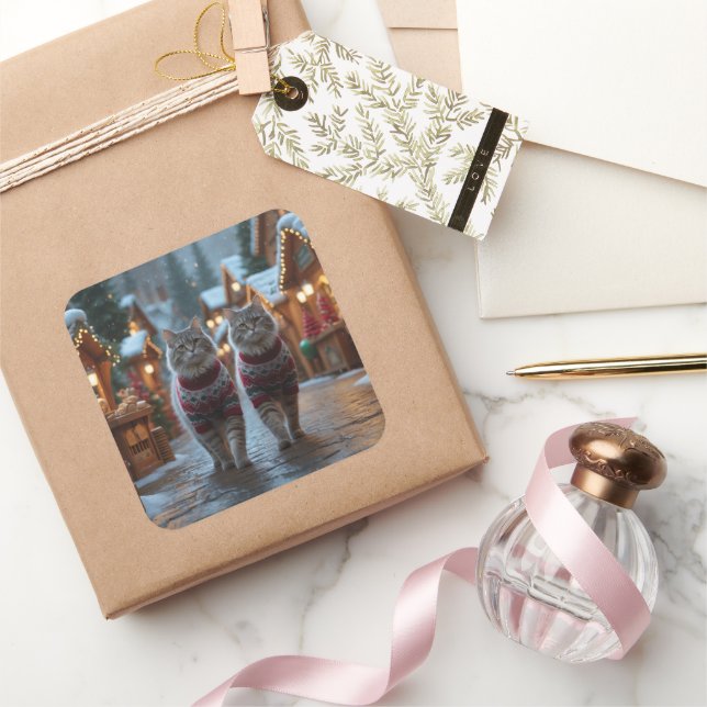 Siberian Cats Christmas Snow Holiday  Quadratischer Aufkleber (Schenken)