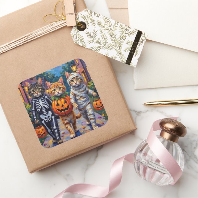 Siberian Cats Trick-or-Treating Halloween Costumes Quadratischer Aufkleber (Schenken)