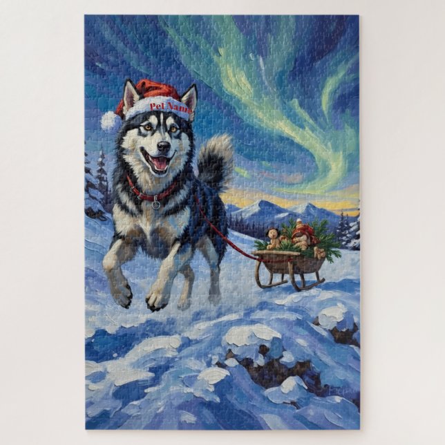 Siberian Husky Arctic Sled Run Christmas Hat Puzzle (Vertikal)