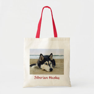 Siberian Husky auf der Beach Budget Tote Tag Tragetasche