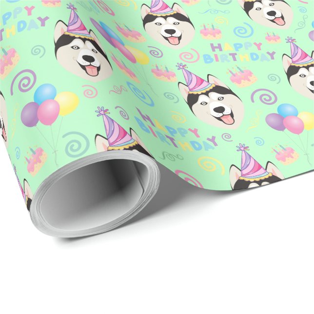 Siberian Husky Birthday Gift Wrapping Paper Green Geschenkpapier (Rolleneckpunkt)