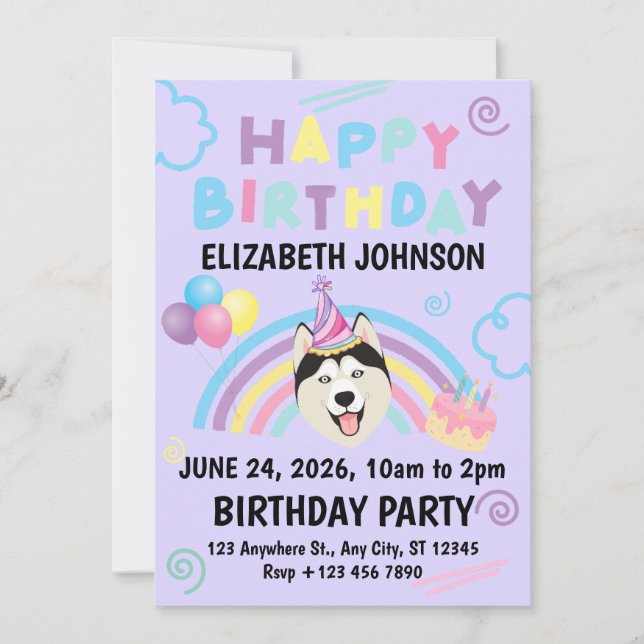 Siberian Husky Birthday Invitation in Purple Einladung (Vorderseite)