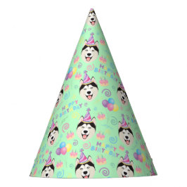Siberian Husky Birthday Party Hat Green Partyhütchen