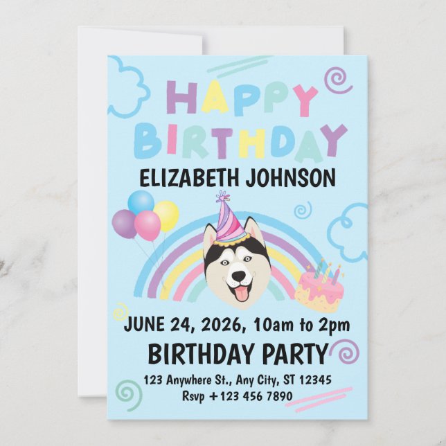 Siberian Husky Birthday Party Invitation Blue Einladung (Vorderseite)