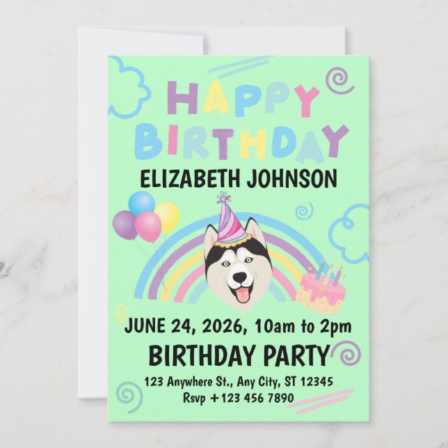 Siberian Husky Birthday Party Invitation Green Einladung (Vorderseite)