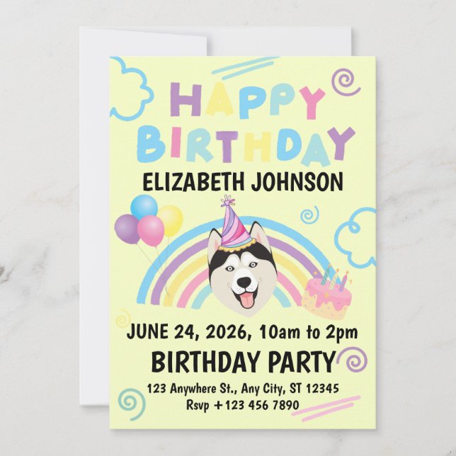 Siberian Husky Birthday Party Invitation Yellow Einladung (Vorderseite)