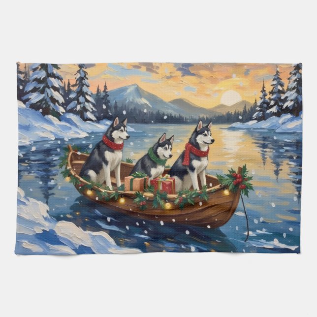 Siberian Husky Christmas Boat Holiday Geschirrtuch (Horizontal)
