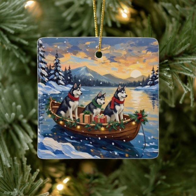 Siberian Husky Christmas Boat Holiday Keramikornament (Baum)