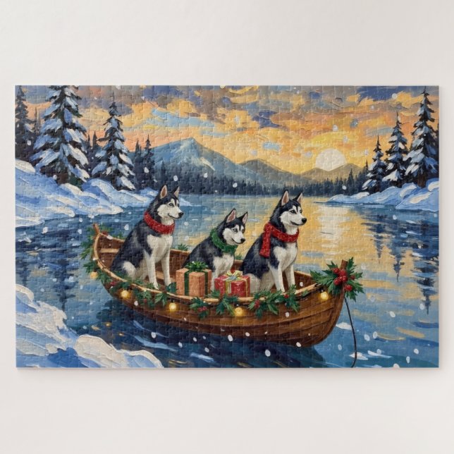Siberian Husky Christmas Boat Holiday Puzzle (Horizontal)