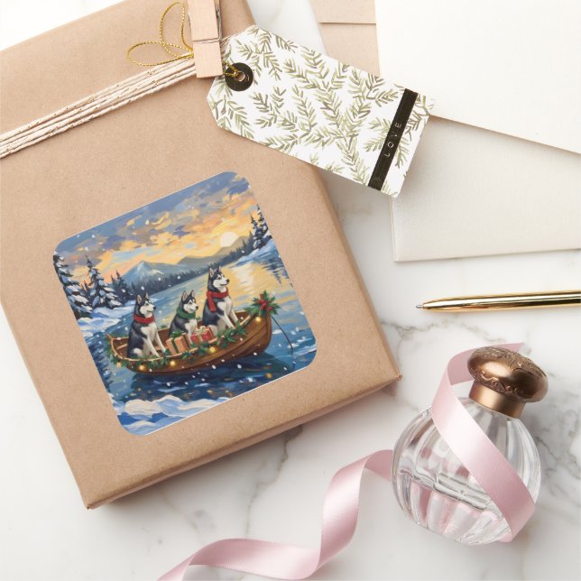 Siberian Husky Christmas Boat Holiday Quadratischer Aufkleber (Schenken)