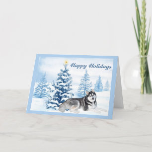 Siberian Husky Christmas Card Blue Tree Feiertagskarte