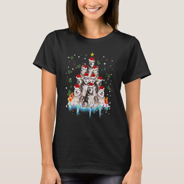 Siberian Husky Christmas Dog Tree Lights Pajamas F T-Shirt (Vorderseite)