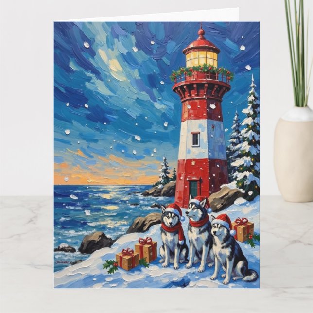 Siberian Husky Christmas Lighthouse Holiday Karte (Vorderseite)