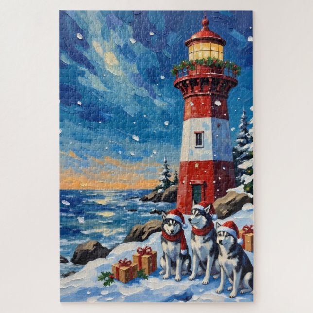 Siberian Husky Christmas Lighthouse Holiday Puzzle (Vertikal)