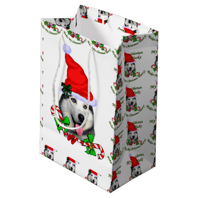 Siberian Husky Christmas Merry Mittlere Geschenktüte (Rückseite Schrägansicht)