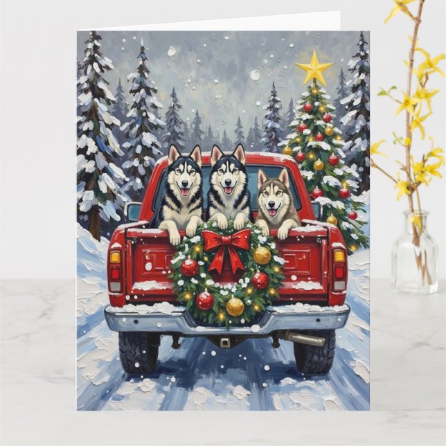Siberian Husky Christmas Red Truck Holiday Karte (Gelbe Blume)