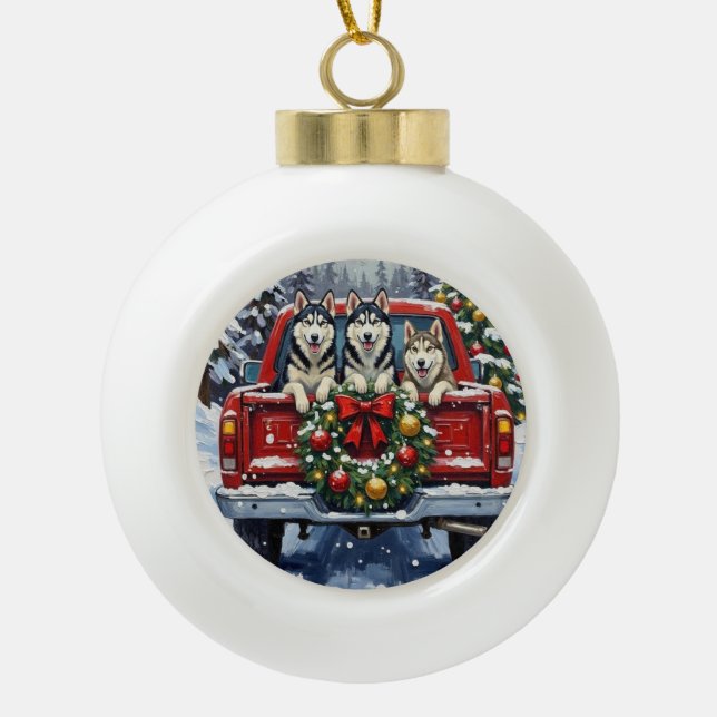 Siberian Husky Christmas Red Truck Holiday Keramik Kugel-Ornament (Vorderseite)