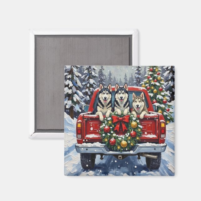 Siberian Husky Christmas Red Truck Holiday Magnet (Vorderseite/Rückseite)