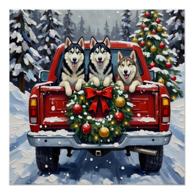 Siberian Husky Christmas Red Truck Holiday Poster (Vorderseite)