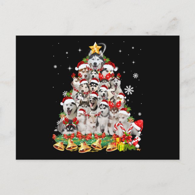 Siberian husky christmas tree lights Dog Xmas Einladungspostkarte (Vorderseite)