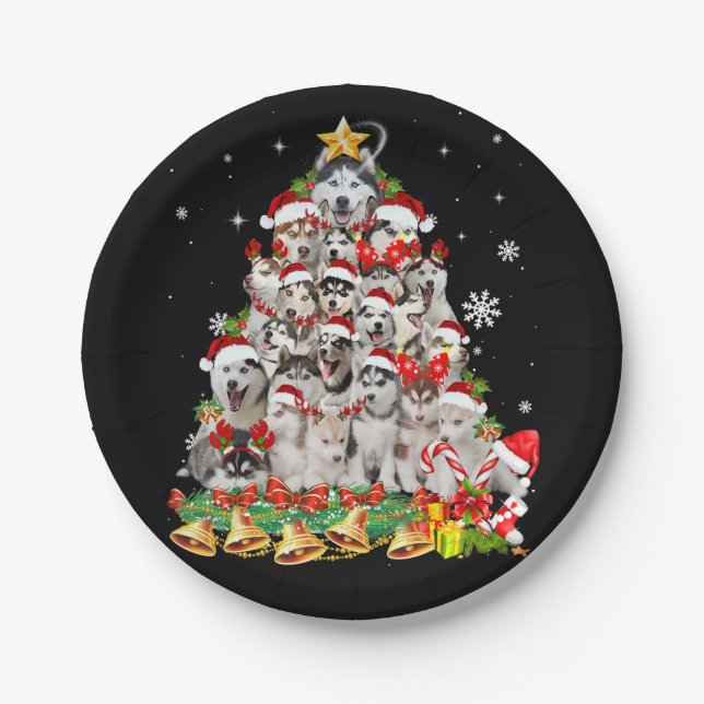Siberian husky christmas tree lights Dog Xmas Pappteller (Vorderseite)