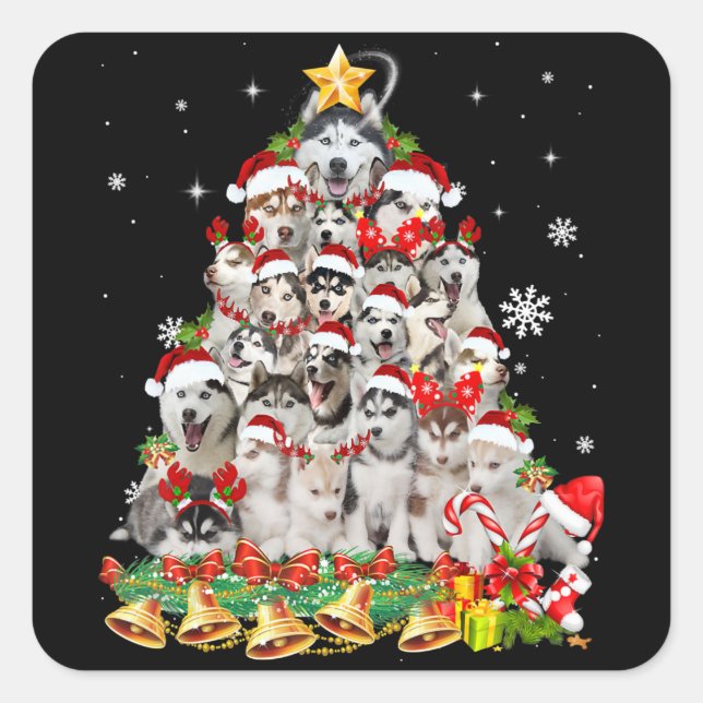 Siberian husky christmas tree lights Dog Xmas Quadratischer Aufkleber (Vorderseite)