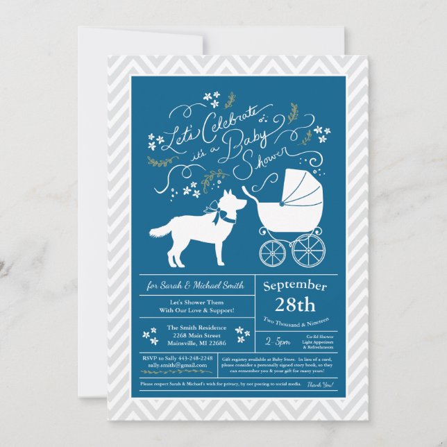 Siberian Husky Dog Baby Shower Blue Boy Einladung (Vorderseite)