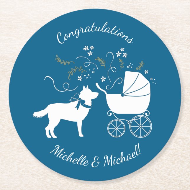 Siberian Husky Dog Baby Shower Welpe Blue Boy Runder Pappuntersetzer (Vorderseite)