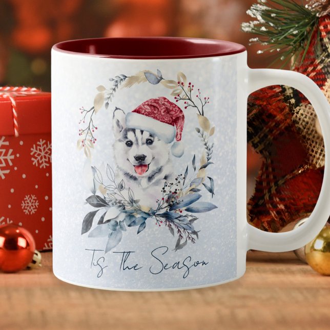Siberian Husky Dog Blue Gold Wreath Weihnachten Zweifarbige Tasse (Von Creator hochgeladen)