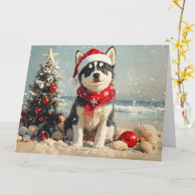 Siberian Husky Dog Christmas Vintag Beach Karte (Gelbe Blume)
