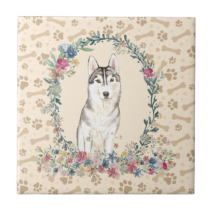 Siberian Husky Dog Paw Print Floral Niedlich Beige Fliese