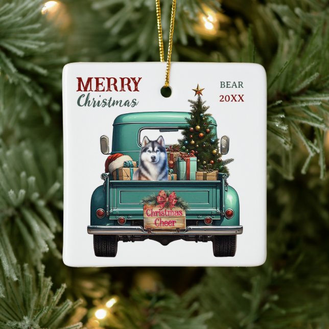 Siberian Husky Dog Retro Truck Weihnachten Keramikornament (Baum)