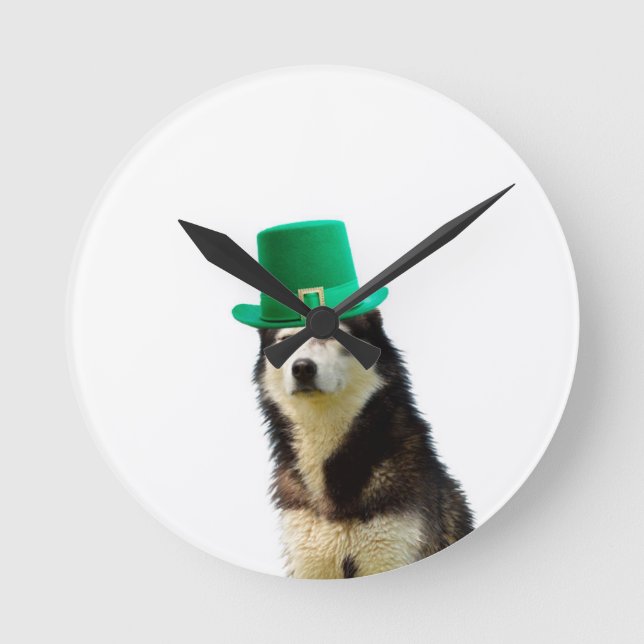 Siberian Husky Dog St. Patrick's Day Runde Wanduhr (Vorderseite)