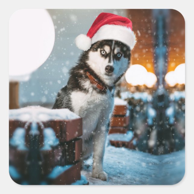 Siberian Husky dog wearing santa hat Quadratischer Aufkleber (Vorderseite)