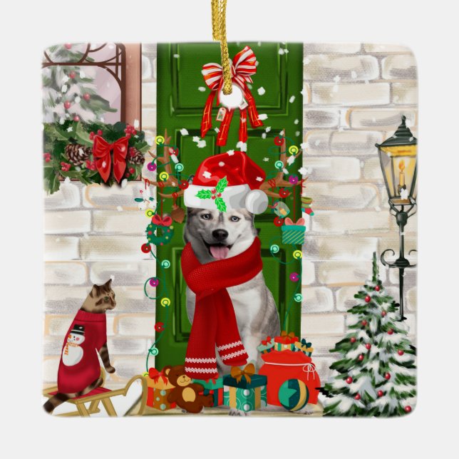 Siberian Husky Dog Weihnachten Keramikornament (Vorderseite)