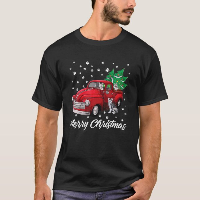 Siberian Husky Dog Weihnachten Red Truck Merry Xma T-Shirt (Vorderseite)