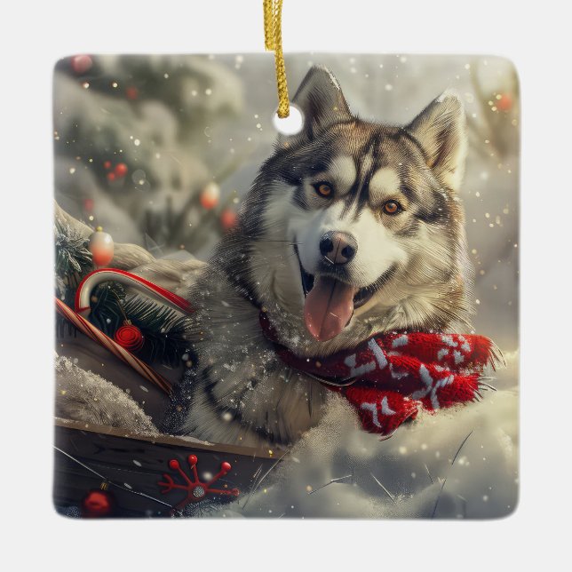 Siberian Husky Dog Weihnachtsfest Keramikornament (Vorderseite)