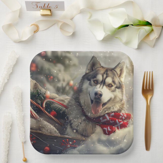 Siberian Husky Dog Weihnachtsfest Pappteller (Hochzeit)