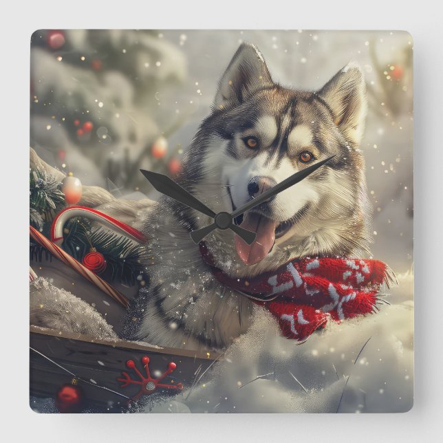 Siberian Husky Dog Weihnachtsfest Quadratische Wanduhr (Vorderseite)