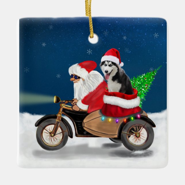 Siberian Husky Dog Weihnachtsmann Keramikornament (Vorderseite)