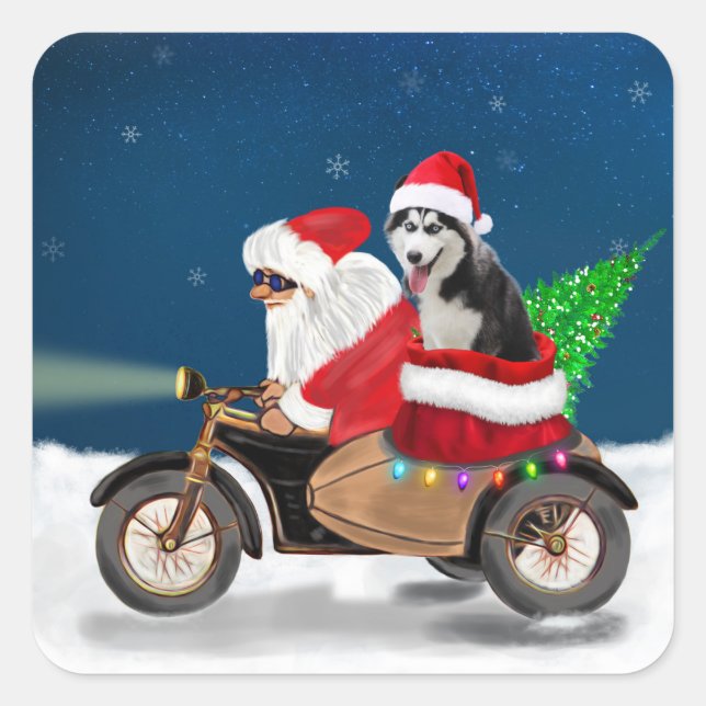 Siberian Husky Dog Weihnachtsmann Quadratischer Aufkleber (Vorderseite)