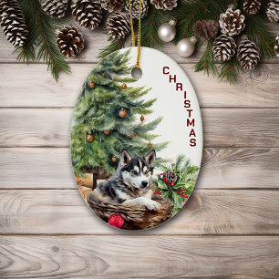 Siberian Husky Dog Wicker Basket Weihnachten Keramik Ornament