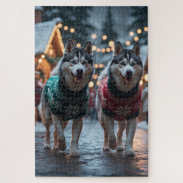 Siberian Husky Dogs Christmas Snow Holiday  Puzzle (Vertikal)