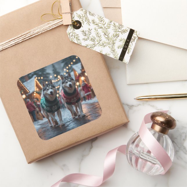 Siberian Husky Dogs Christmas Snow Holiday  Quadratischer Aufkleber (Schenken)