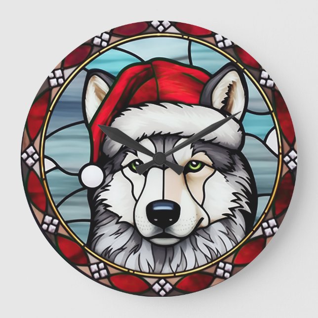 Siberian Husky Festgeblasenes Gläschen Weihnachten Große Wanduhr (Vorderseite)