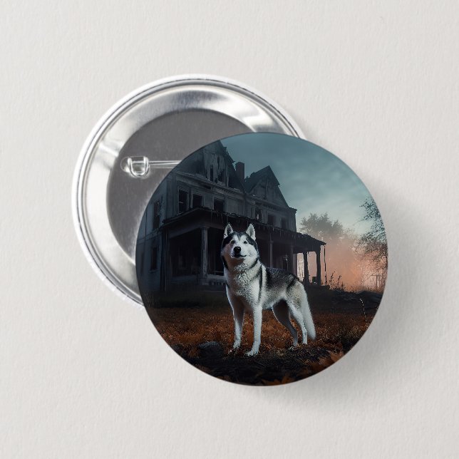 Siberian Husky Halloween Beängstigend Button (Vorne & Hinten)