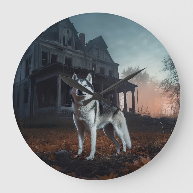 Siberian Husky Halloween Beängstigend Große Wanduhr (Vorderseite)