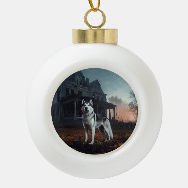 Siberian Husky Halloween Beängstigend Keramik Kugel-Ornament (Vorderseite)